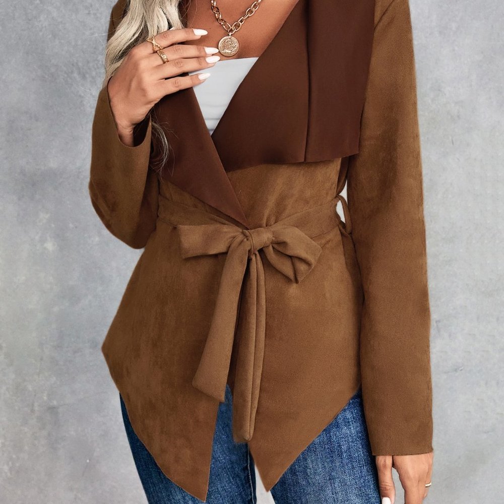 New Waterfall Collar Belted Jacket Brown - Picture 6 of 6